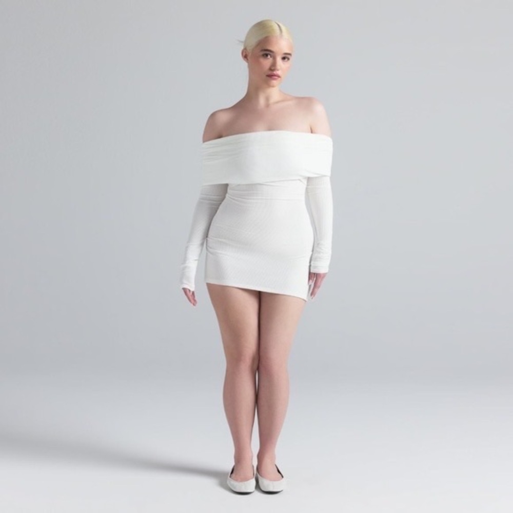Skims Soft Lounge Off The Shoulder Mini Dress in Marble, Size Small